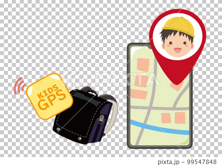 黒色のランドセルとGPSとスマートフォンのイラスト 99547848