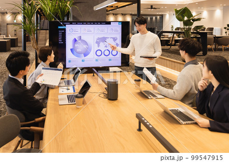 モニターを使って打合せをする男女 99547915