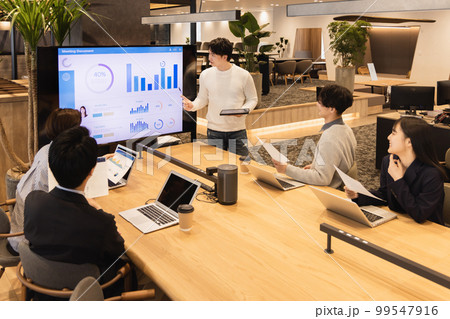 モニターを使って打合せをする男女 モニターを使って打合せをする男女 99547916