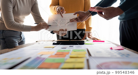 Close up view of brainstorm team of creative Web Graphic Designer ux developer and ui designer brainstorming about mobile app interface wireframe design Close up view of brainstorm team of creative Web Graphic Designer ux developer and ui designer brainstorming about mobile app interface wireframe design 99548346
