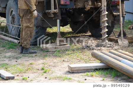 Team of workers with drilling rig on car are drilling artesian well for water in ground. Insertion of metal casing pipe into ground, installation of individual drinking supply, June 28, 2022, Russia, Team of workers with drilling rig on car are drilling artesian well for water in ground. Insertion of metal casing pipe into ground, installation of individual drinking supply, June 28, 2022, Russia, 99549129