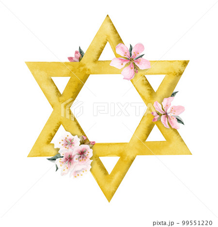 Watercolor Passover greeting card template with gold star of David and almond flowers illustration isolated on white Watercolor Passover greeting card template with gold star of David and almond flowers illustration isolated on white 99551220