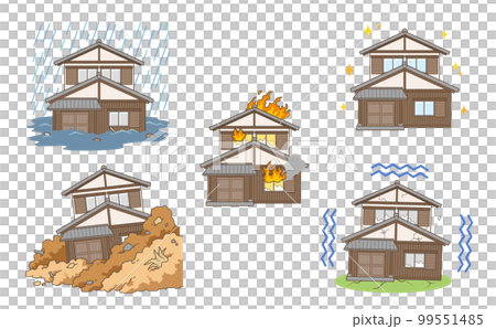 Illustration set of Japanese houses in trouble such as natural disasters 99551485