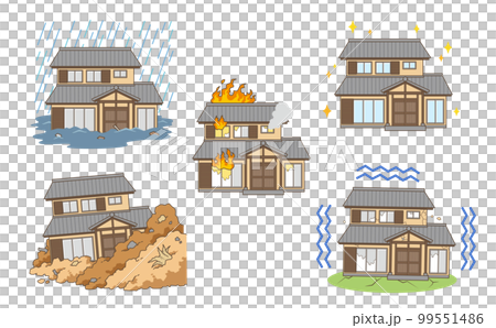 Illustration set of Japanese houses in trouble such as natural disasters 99551486