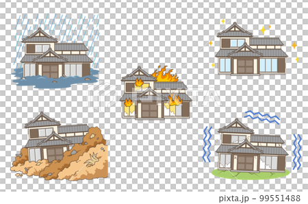 Illustration set of Japanese houses in trouble such as natural disasters 99551488