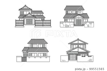 モノクロの垣根のある日本家屋のイラストセット 99551565