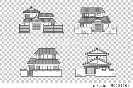 モノクロの垣根のある日本家屋のイラストセット 99551565