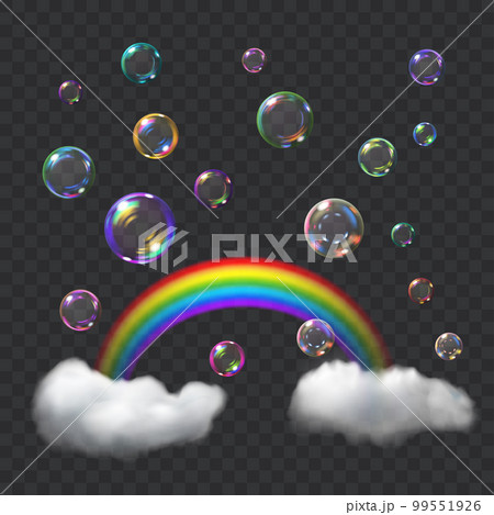 Multicolored soap bubbles, rainbow and clouds 99551926