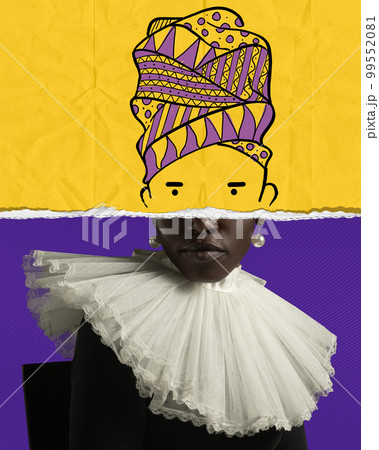Contemporary art collage. Creative design with doodles. Medieval african woman royal person with bright drawings over head 99552081