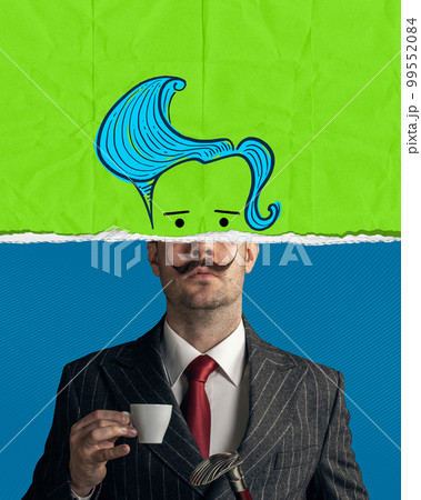 Contemporary art collage with doodles. Man with stunning moustaches drinking coffee. Creative drawings over head 99552084