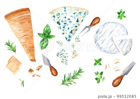 Parmesan, gorgonzola and bri cheese set with herbs and cheese knives. Watercolor illustration isolated on white Parmesan, gorgonzola and bri cheese set with herbs and cheese knives. Watercolor illustration isolated on white 99552085