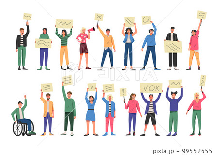 Signing, protest group, social communication and activities. Citizen political awareness, child and kids for justice. Vector garish diversity activists, cartoon flat style isolated illustration set Signing, protest group, social communication and activities. Citizen political awareness, child and kids for justice. Vector garish diversity activists, cartoon flat style isolated illustration set 99552655