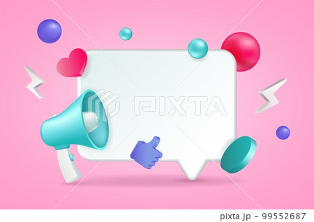 3d megaphone, speaker and speech message bubble, announce icon. Communicate by loudspeaker, voice speak alert news, attention symbol. Web banner template. Vector illustration render isolated elements 3d megaphone, speaker and speech message bubble, announce icon. Communicate by loudspeaker, voice speak alert news, attention symbol. Web banner template. Vector illustration render isolated elements 99552687