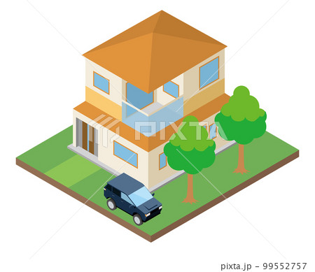 一戸建て住宅マイホーム・自動車のイラスト　二階建て　アイソメトリックス立体イラスト 99552757