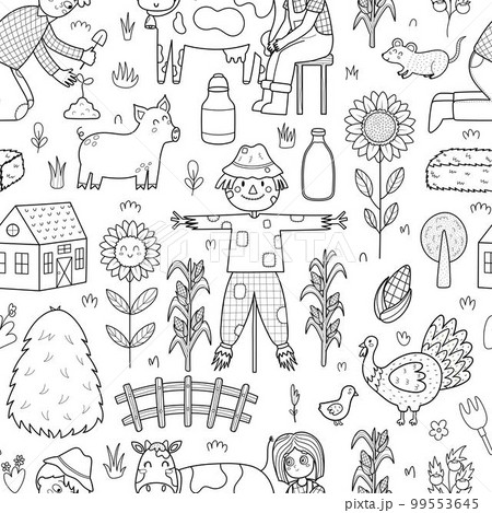 Black and white cute farm seamless pattern with scarecrow, pig, cow, kids farmers Black and white cute farm seamless pattern with scarecrow, pig, cow, kids farmers 99553645