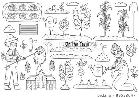 Black and white set with cute kids farmers working in the garden. Coloring page 99553647