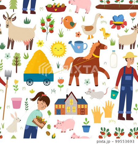 Farm seamless pattern with cute animals. Countryside background Farm seamless pattern with cute animals. Countryside background 99553693