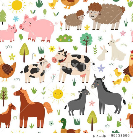 Mother and baby animals seamless pattern. Farm characters moms with their babies 99553696