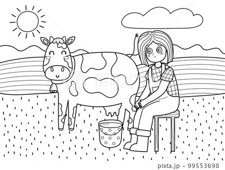 Black and white on the farm poster with cute girl milking a cow. Coloring page 99553698