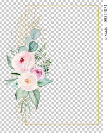 Vertical Frame with pink watercolor flowers and light green leaves, wedding illustration Vertical Frame with pink watercolor flowers and light green leaves, wedding illustration 99554071