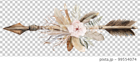 Watercolor arrow with tropical leaves and flowers bouquet, brown and beige Boho Wedding illustration Watercolor arrow with tropical leaves and flowers bouquet, brown and beige Boho Wedding illustration 99554074