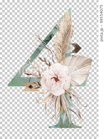 Watercolor green number 4 with antlers, dried leaves and tropical flowers bouquet, Boho illustration 99554075