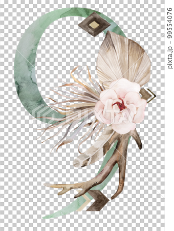 Watercolor green number 9 with antlers, dried leaves and tropical flowers bouquet, Boho illustration 99554076