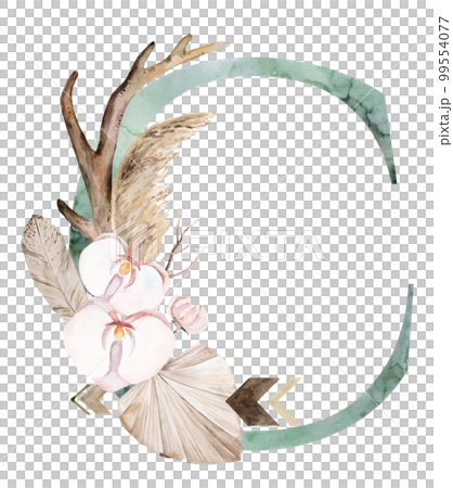 Watercolor green letter C with antlers, dried leaves and tropical flowers bouquet, Boho illustration 99554077