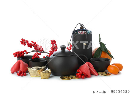 Concept of hot drink, asian tea accessories, isolated on white background Concept of hot drink, asian tea accessories, isolated on white background 99554589