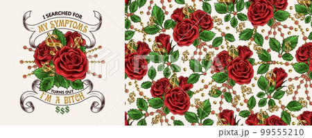 Set of pattern, emblem with text, ribbons, lush blooming red roses, gold ball chains with rhinestones. White background. Vector vintage illustration. For T-shirt, clothing, surface design Set of pattern, emblem with text, ribbons, lush blooming red roses, gold ball chains with rhinestones. White background. Vector vintage illustration. For T-shirt, clothing, surface design 99555210