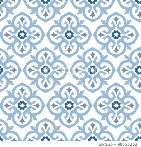 Portuguese azulejo. Floral abstract baroque ornamental tile. Hand drawn pale blue Moroccan seamless pattern for Ramadan holiday, banner. Islamic background, fabric, textile, Arabic decorative vector. 99555262