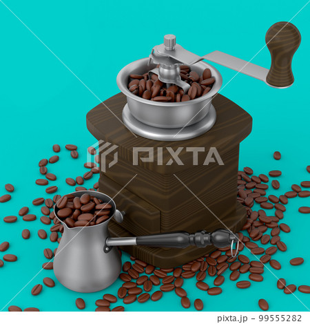 Manual wooden coffee grinder and Turkish cezve coffee maker with coffee beans Manual wooden coffee grinder and Turkish cezve coffee maker with coffee beans 99555282