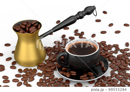 Manual wooden coffee grinder and cup with coffee beans on white background. 99555284