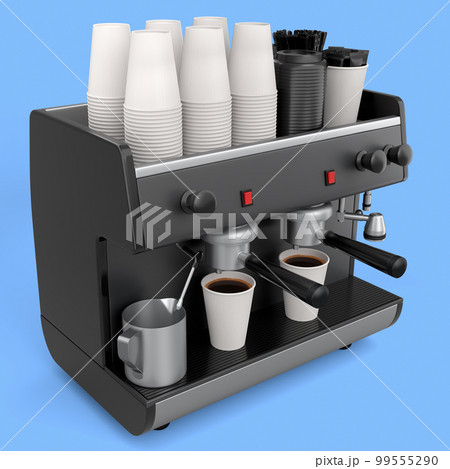 Professional espresso coffee machine with horn for paper cups isolated on blue Professional espresso coffee machine with horn for paper cups isolated on blue 99555290
