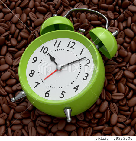 Vintage alarm clock with roasted coffee beans spread out as background. 99555306