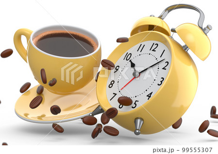 Vintage alarm clock with ceramic coffee cup on white background. 99555307
