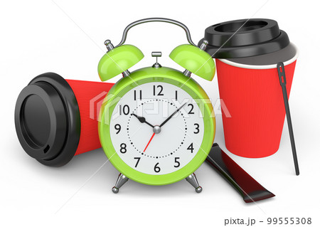 Vintage alarm clock with paper coffee cup on white background. 99555308