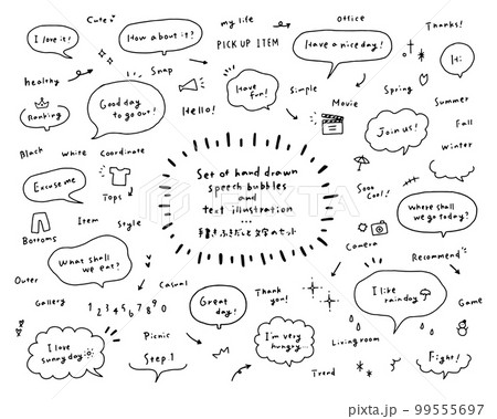 手描きの吹き出しと手書き英語のセット　文字　イラスト　英単語　フレーム　矢印　落書き　飾り　装飾　線 99555697