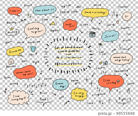 A set of hand-drawn speech bubbles and handwritten English letters, illustrations, English words, frames, arrows, scribbles, decorations, decorations, lines 99555698