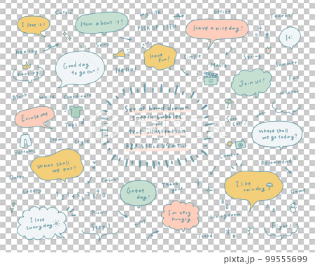 一組手繪對話泡泡和手寫英文字母、插圖、英文單詞、相框、箭頭、塗鴉、裝飾、裝飾、線條 99555699