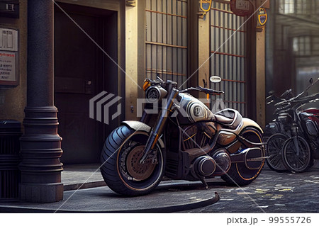 Motorbike on parking in city. Color vintage custom motorcycle Motorbike on parking in city. Color vintage custom motorcycle 99555726