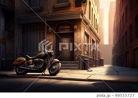 Motorbike on parking in city. Color vintage custom motorcycle 99555727