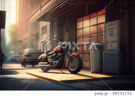 Motorbike on parking in city. Color vintage custom motorcycle 99555733