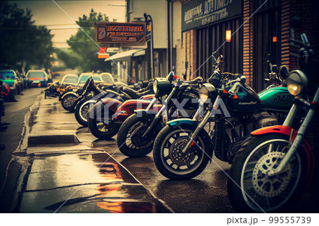 Motorbike on parking in city. Color vintage custom motorcycle Motorbike on parking in city. Color vintage custom motorcycle 99555739