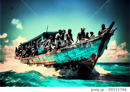 Refugees on an old boat in a stormy sea. 99555766