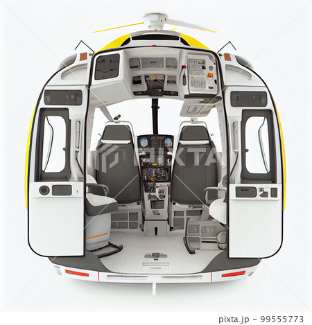 Rear view of the interior of an open ambulance helocopter isolated on a white background 99555773