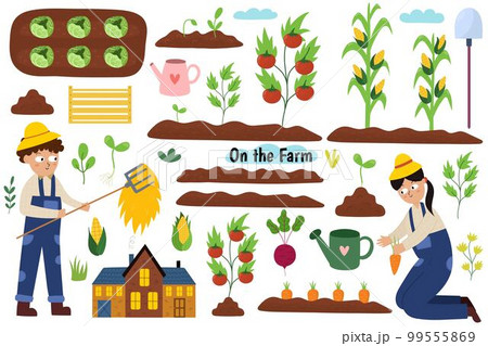 Cute farm collection with kids working in the garden. Agriculture and gardening set 99555869
