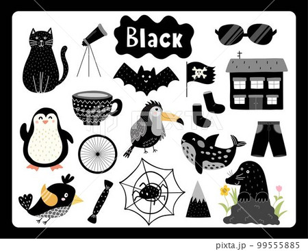 Set of black color objects. Primary colors flashcard with black elements Set of black color objects. Primary colors flashcard with black elements 99555885
