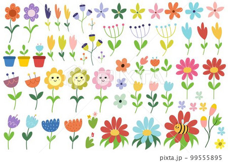 Doodle flowers big collection in cartoon style. Plants and flowers with leaves bundle Doodle flowers big collection in cartoon style. Plants and flowers with leaves bundle 99555895