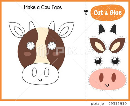 Make a cow face funny game for kids. Cut and glue educational activity page 99555950